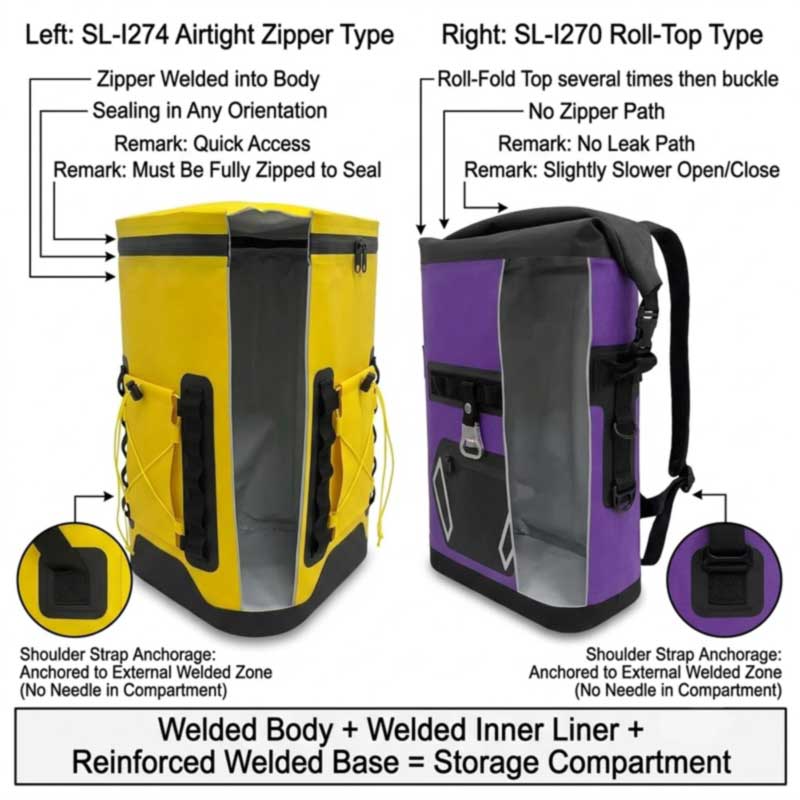 two leakproof closures on cooler backpacks compared: airtight welded zipper versus welded roll-top, with welded containment chamber