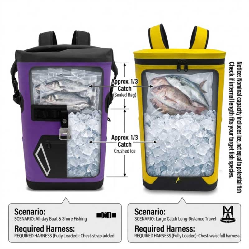 two fishing cooler backpack sizes in cross-section showing ice-to-catch load and matching harness requirements