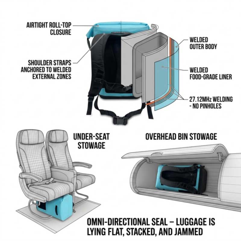 welded travel cooler backpack construction, stowed under an airline seat and compressed into luggage space welded travel cooler backpack construction, stowed under an airline seat and compressed into luggage space